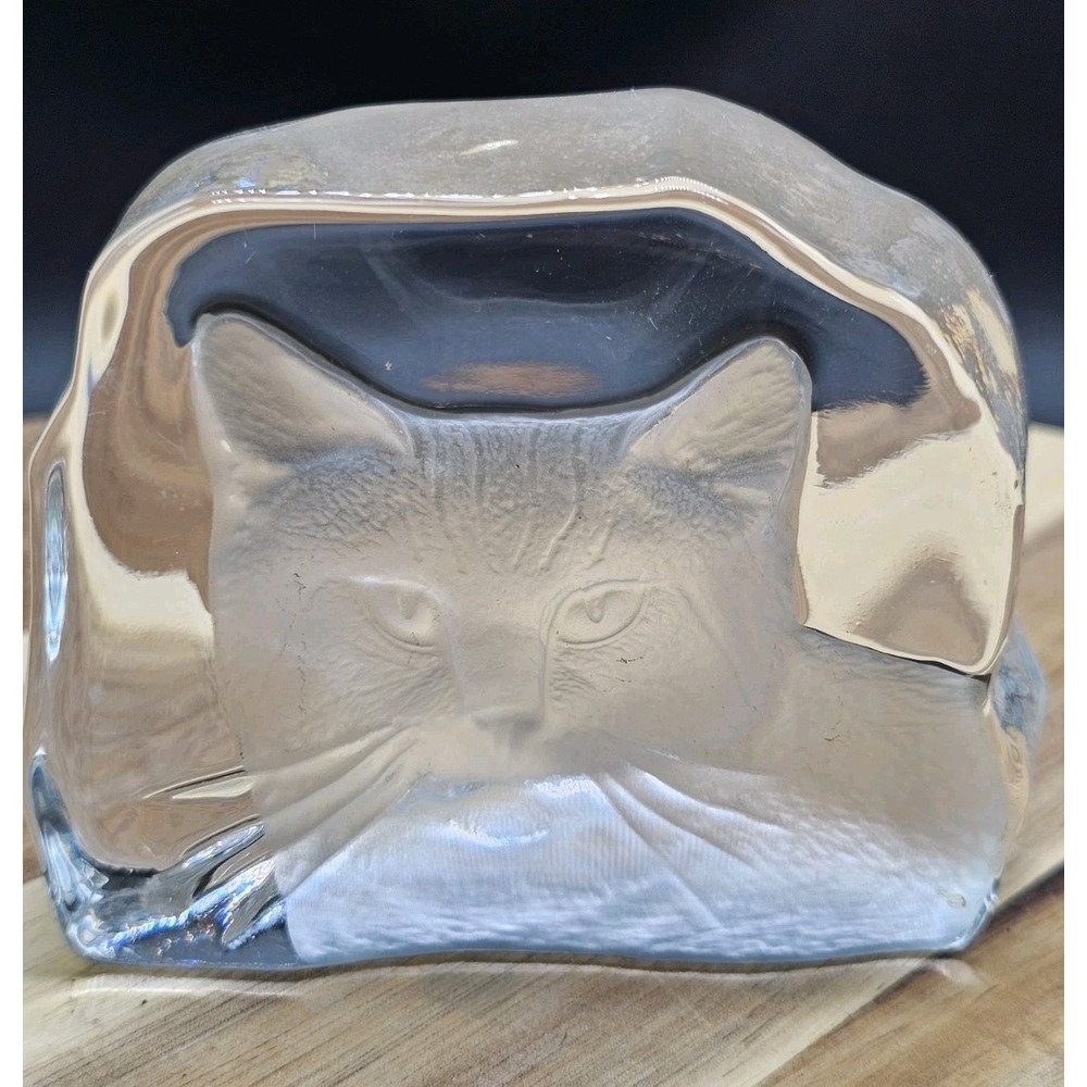Cristal d'Arques Lead Crystal France Art Glass Cat Paperweight Reverse‎ Etched